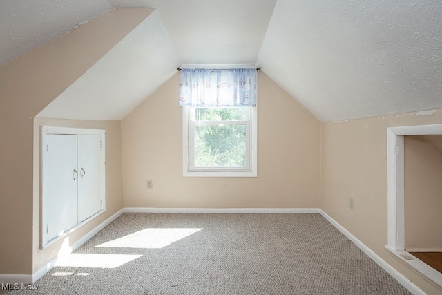 additional living space with a textured ceiling, carpet, and vaulted ceiling