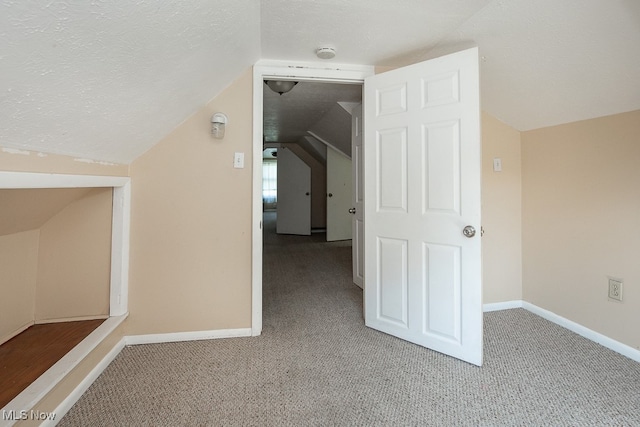 additional living space featuring a textured ceiling, lofted ceiling, and light colored carpet