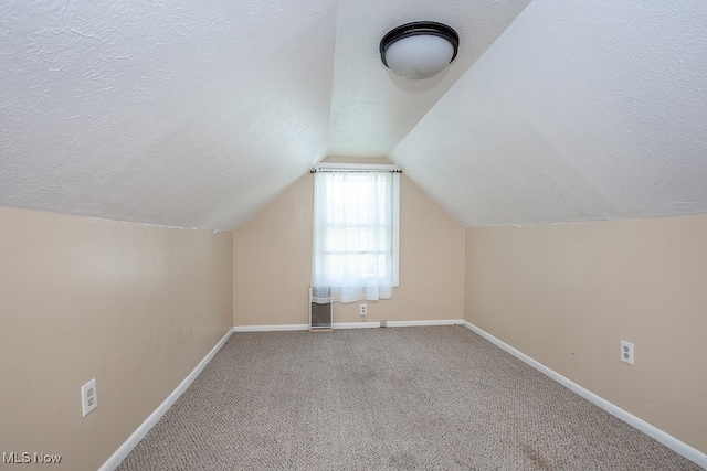 additional living space with lofted ceiling, a textured ceiling, and carpet floors