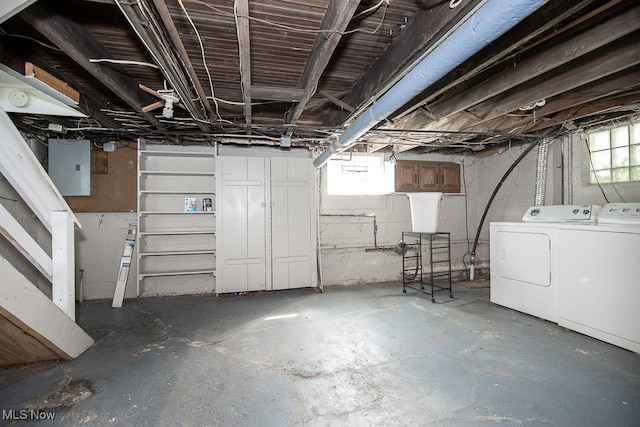 basement with independent washer and dryer and electric panel