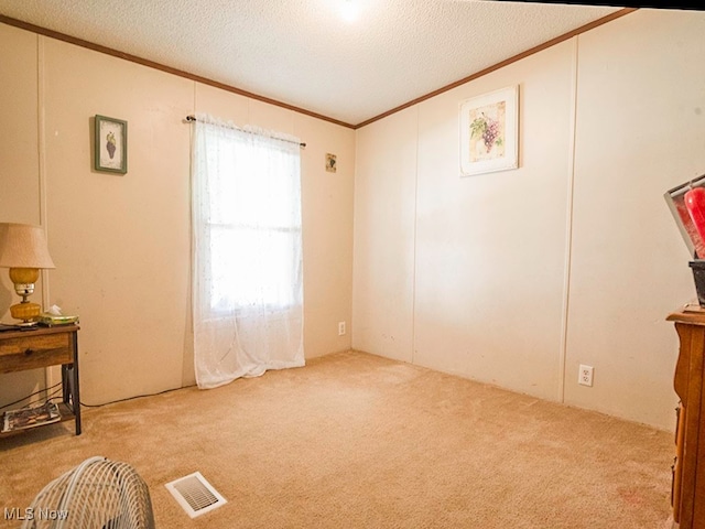 carpeted empty room featuring a textured ceiling and crown molding