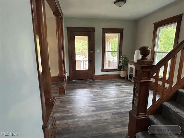 entrance foyer featuring a healthy amount of sunlight and dark hardwood / wood-style floors