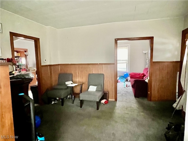 sitting room with wood walls and carpet