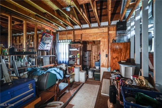 basement featuring ceiling fan