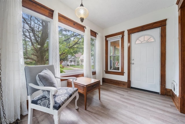 foyer featuring light hardwood / wood-style floors and a textured ceiling