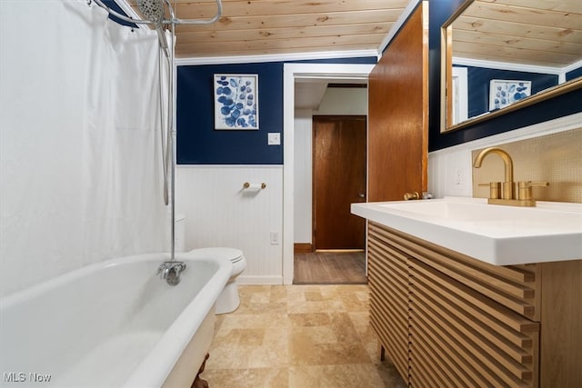 full bathroom with shower / bath combination with curtain, wood ceiling, crown molding, and toilet