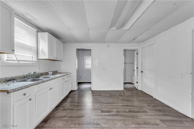 kitchen with white cabinetry, sink, and dark hardwood / wood-style flooring