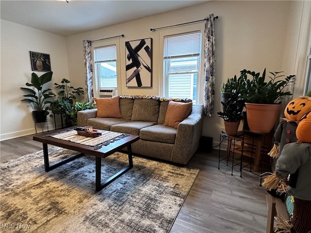 living room featuring hardwood / wood-style flooring and a healthy amount of sunlight