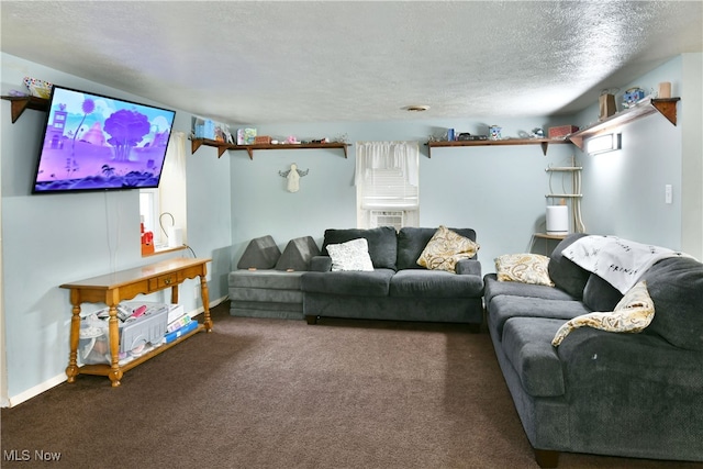 carpeted living room featuring a textured ceiling