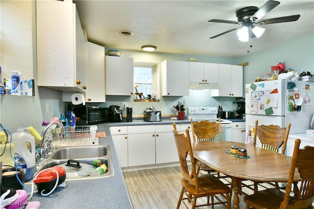 kitchen featuring light wood-type flooring, sink, white cabinetry, white appliances, and ceiling fan