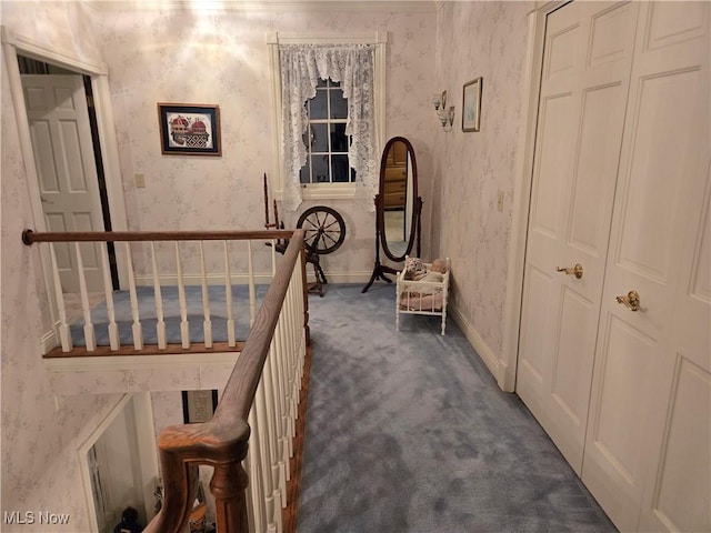 hallway with dark carpet