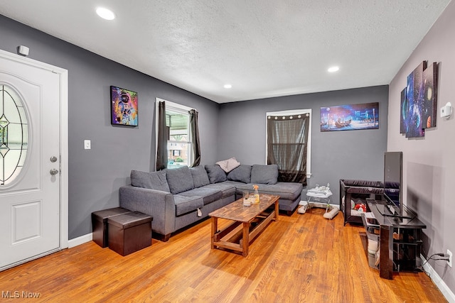 living room featuring hardwood / wood-style flooring and a textured ceiling