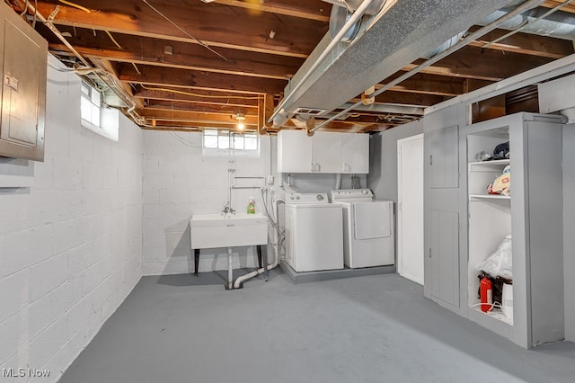 basement featuring independent washer and dryer, electric panel, and sink