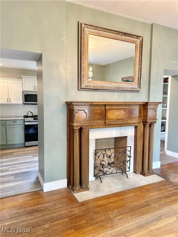 interior details featuring baseboards, a fireplace, wood finished floors, and stainless steel appliances
