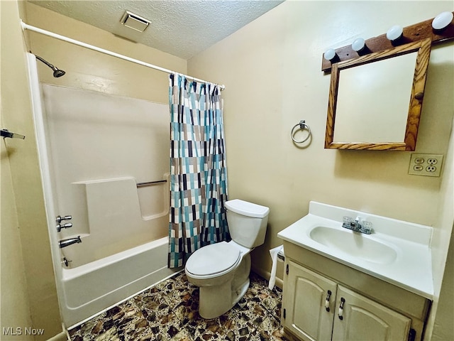 full bathroom featuring a textured ceiling, vanity, shower / bath combo, and toilet