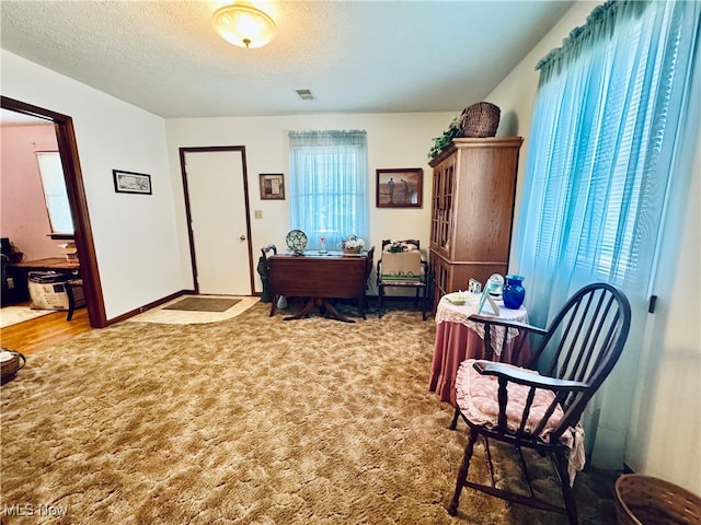 sitting room featuring a textured ceiling and dark colored carpet