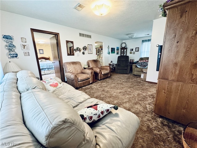 carpeted living room featuring a textured ceiling