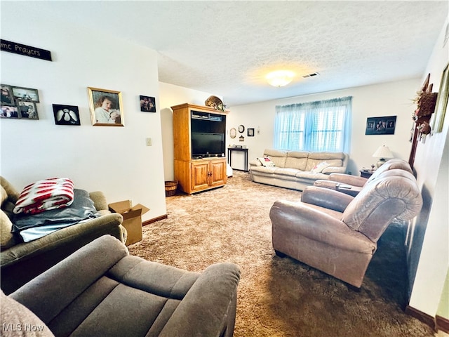 living room with carpet floors and a textured ceiling