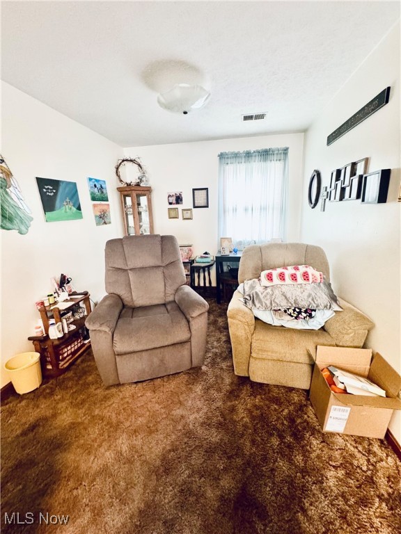 living room featuring dark carpet