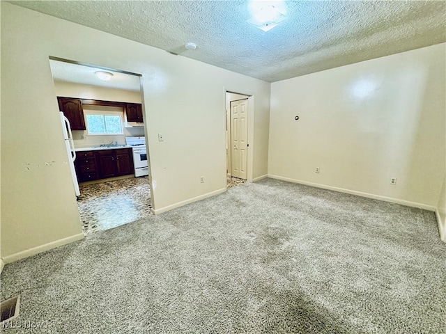 carpeted empty room featuring sink and a textured ceiling