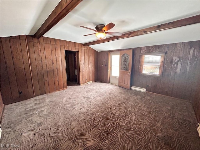 interior space featuring beam ceiling, a baseboard radiator, ceiling fan, and wooden walls