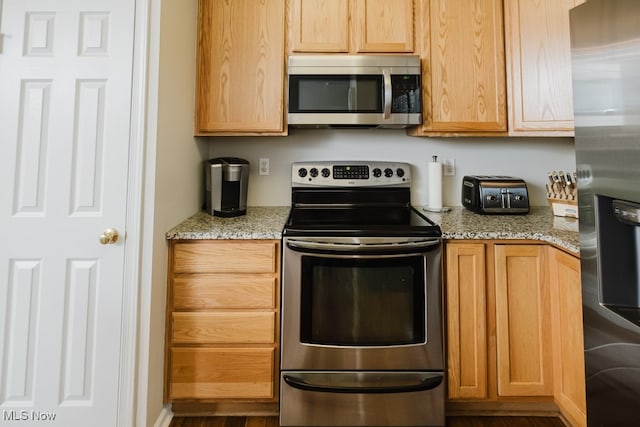 kitchen featuring light stone countertops, stainless steel appliances, light brown cabinetry, and dark wood-type flooring