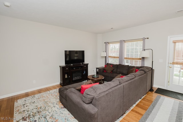 living room featuring a healthy amount of sunlight and hardwood / wood-style floors