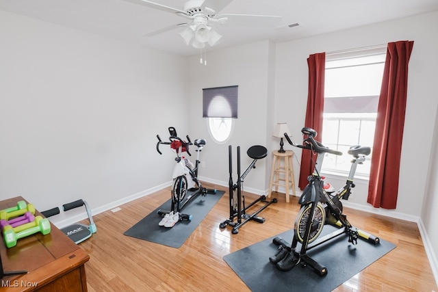 workout room with ceiling fan and hardwood / wood-style flooring