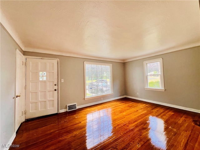 foyer entrance featuring a textured ceiling, plenty of natural light, and dark hardwood / wood-style flooring