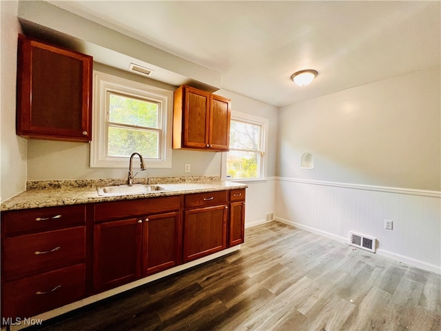 kitchen with light stone countertops, light hardwood / wood-style floors, plenty of natural light, and sink