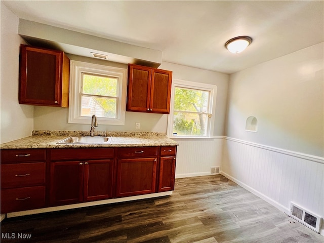 kitchen with wood-type flooring, light stone counters, sink, and a healthy amount of sunlight