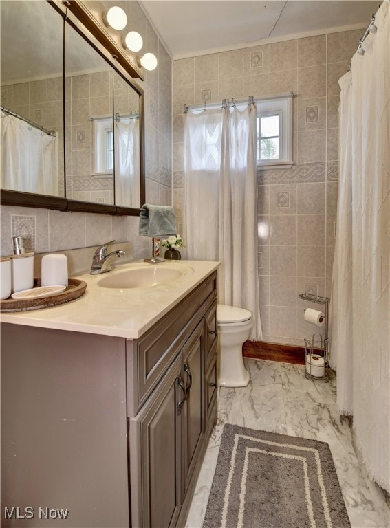 bathroom with tile walls, vanity, and toilet