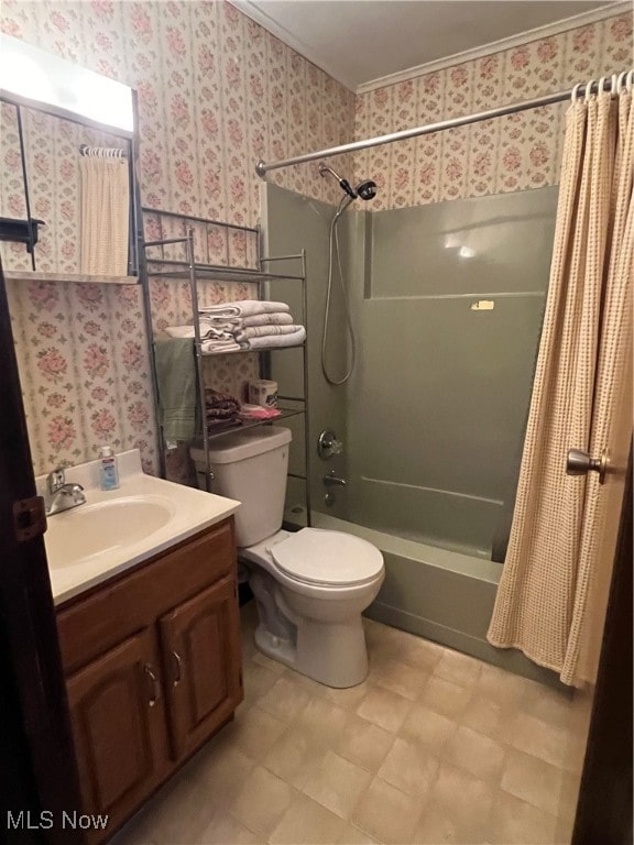 full bathroom with vanity, toilet, and shower / bath combo with shower curtain