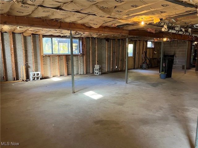 basement with a fireplace