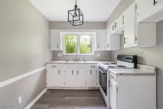 kitchen with white cabinets, white electric range oven, sink, decorative light fixtures, and dark wood-type flooring