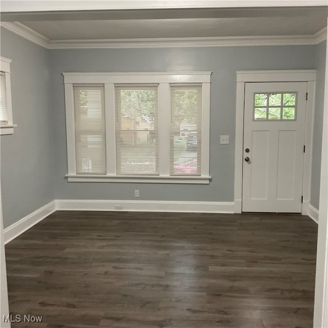 entryway featuring ornamental molding and dark hardwood / wood-style floors