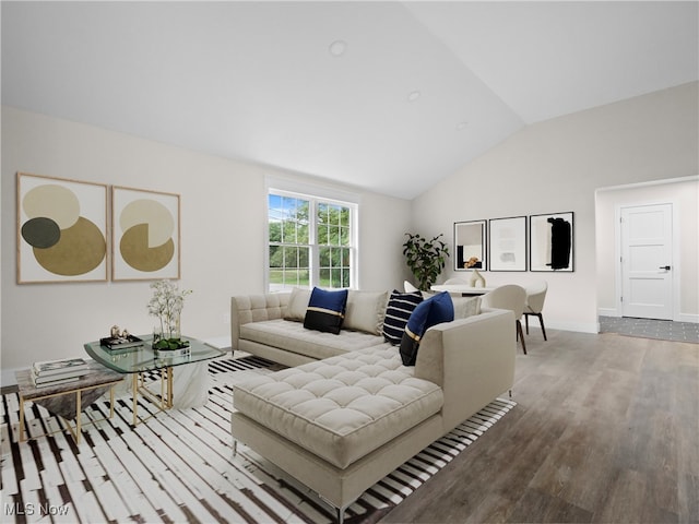 living room with hardwood / wood-style flooring and lofted ceiling