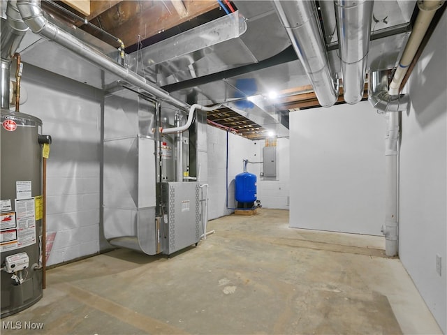 basement with gas water heater, electric panel, and heating unit