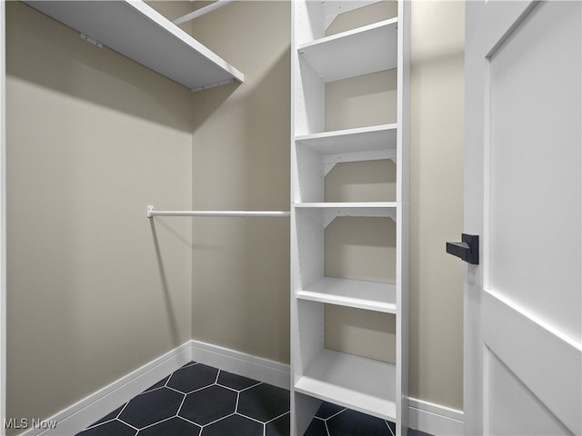 spacious closet featuring dark tile patterned floors