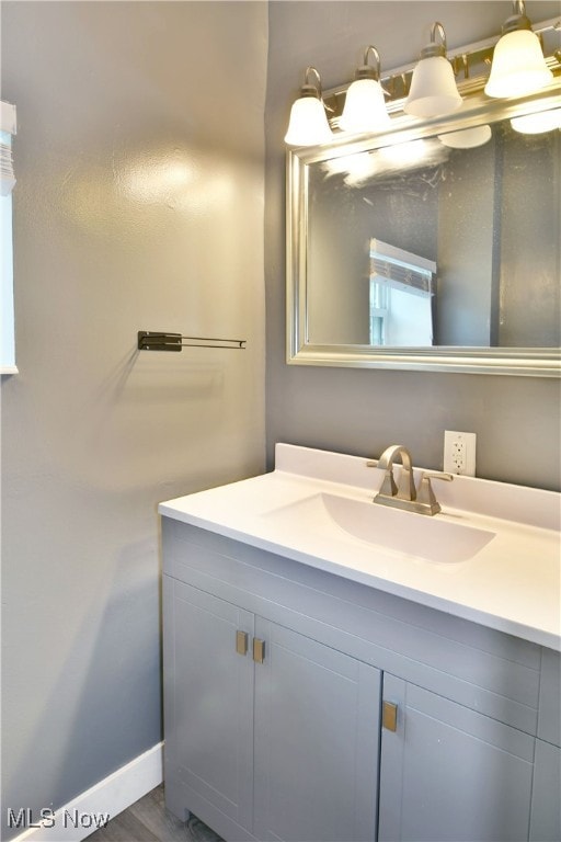 bathroom featuring vanity and hardwood / wood-style floors