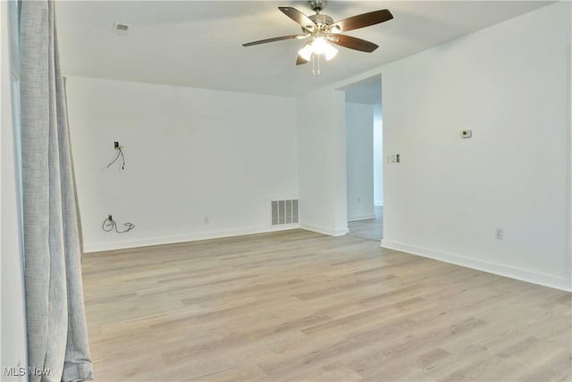 empty room featuring ceiling fan and light hardwood / wood-style floors