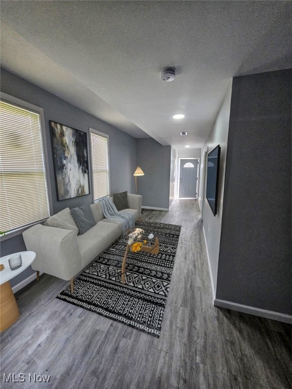 living room with hardwood / wood-style flooring and a textured ceiling