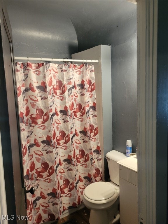 bathroom with curtained shower, vanity, and toilet