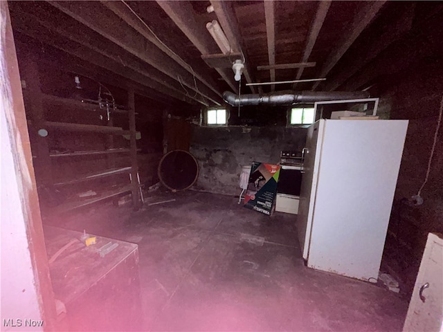 basement with white fridge