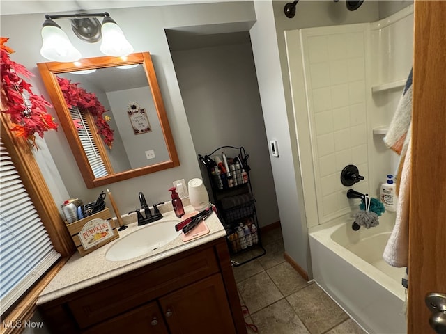 bathroom with tile patterned floors, bathing tub / shower combination, and vanity