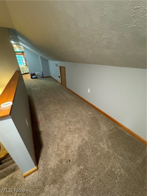 additional living space with carpet floors, a textured ceiling, and vaulted ceiling