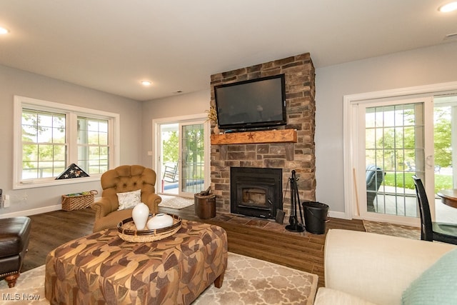 living room with a fireplace, hardwood / wood-style flooring, and plenty of natural light