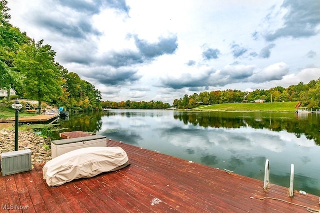 dock featuring a water view and a forest view