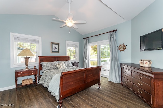 bedroom featuring ceiling fan, multiple windows, and dark hardwood / wood-style flooring