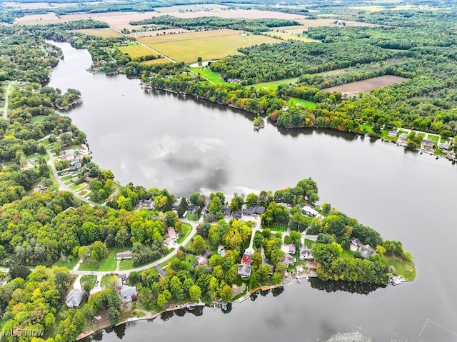 birds eye view of property featuring a water view and a rural view